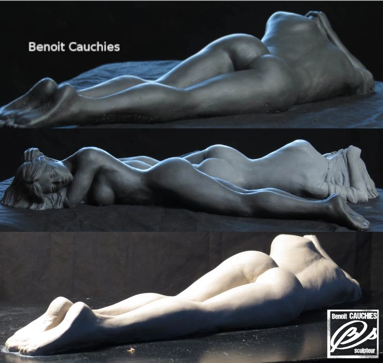 sculpture tirage béton femme allongée . sculptée par Benoit Cauchies